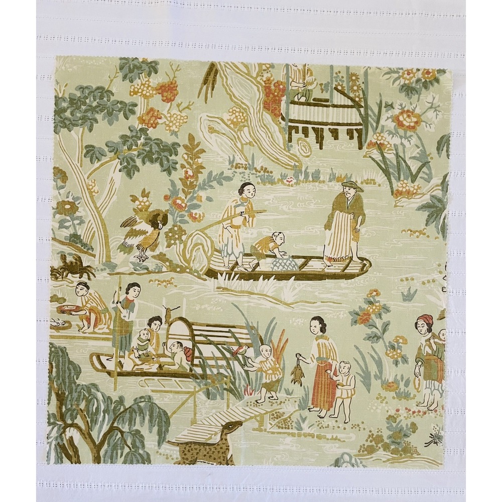 VTG Chinoiserie Toile Fabric Panel Asian Scenic Riverboat Pattern Remnant/Swatch